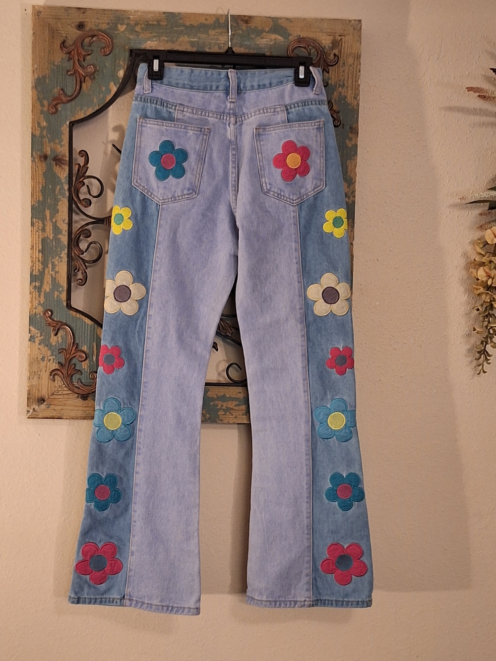 Light Blue Flare Jeans with Colorful Floral Side Panels. NWOT Size Small - Picture 11 of 12